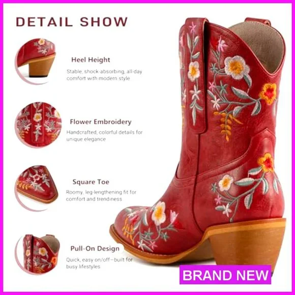 Floral Embroidered Ankle Cowboy Boots Chunky Heel Square Toe Western Pull On - Picture 5 of 7